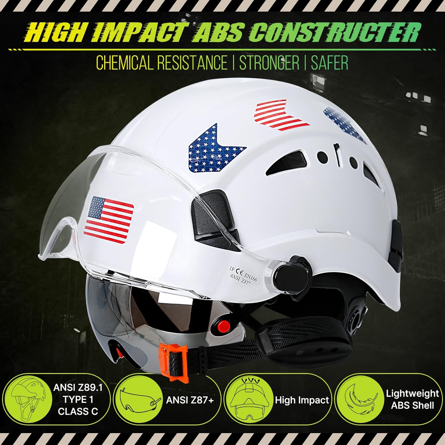 Hard Hats Construction OSHA Approved With Double Visor - Cascos De Construccion Vented Hard Hat With Clear and Tinted Visor Construction Safety Helmet Hat With Chin Straps 6pt Suspension