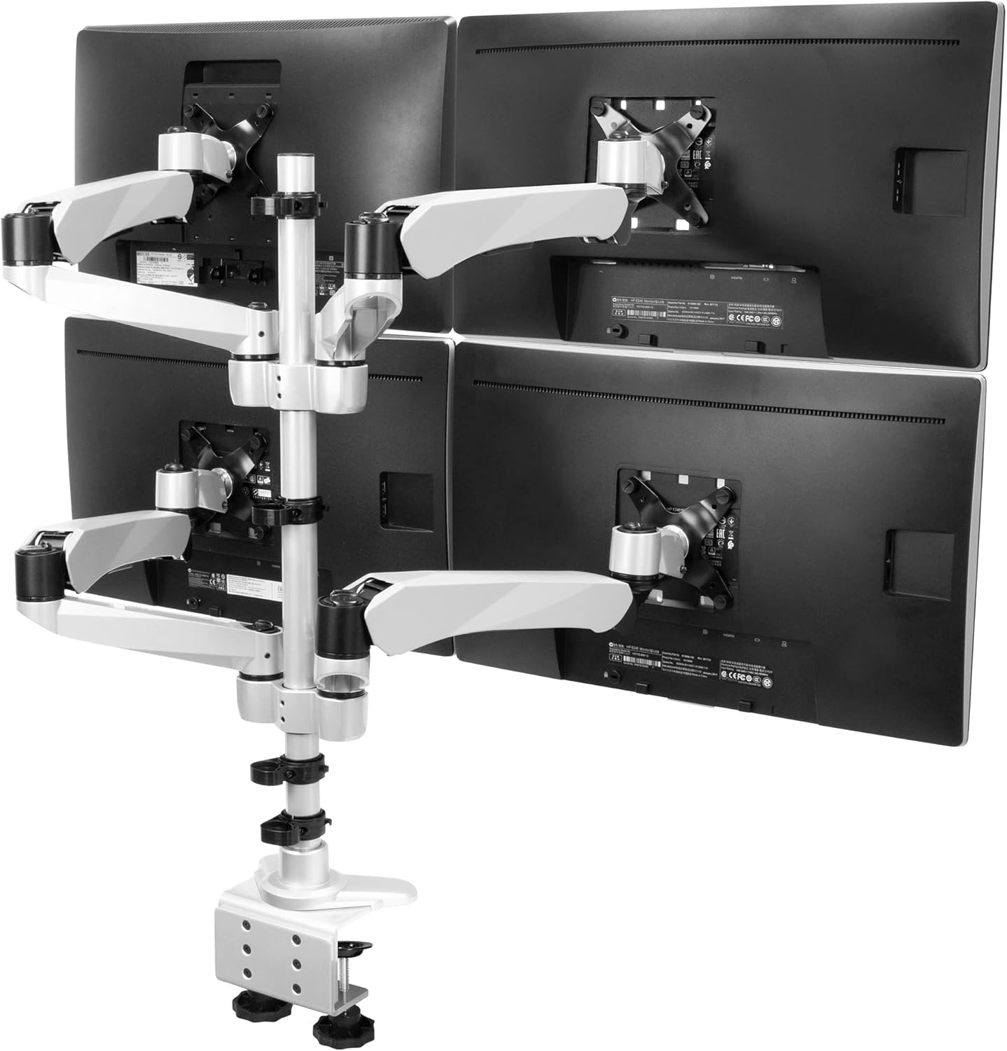 Mount-It! Quad Monitor Desk Mount with Full Motion Height Adjustable Arms | Premium Modular Computer Screen Mount with VESA 75x75, 100x100 mm Pattern | Clamp Base, Silver