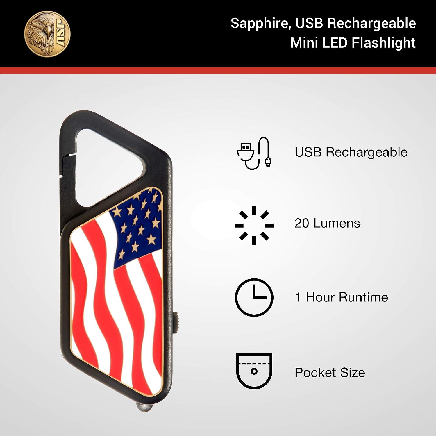 ASP, Inc. Sapphire, USB Rechargeable Mini LED Flashlight, Durable LED Keychain Flashlight, Law Enforcement Tactical Flashlight, Security Light, 20 Lumens, Polymer Frame with Clip, Adapter Included