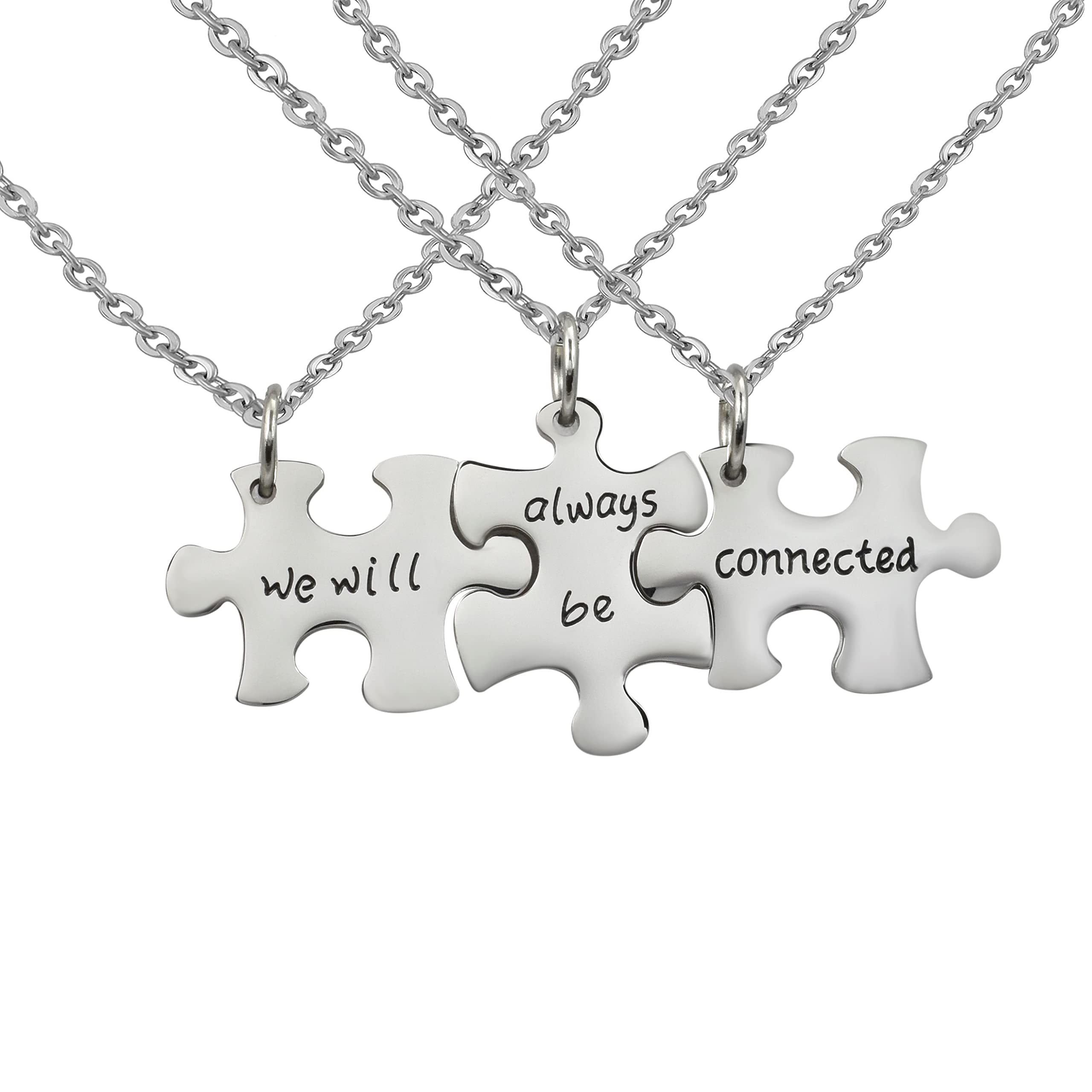 3 Stück Personalisierte Ketten Gravur Edelstahl 50 cm Puzzle "we will always be connected" in silber - Halsketten Männer und Frauen - Personalisierter Schmuck Herren Damen Freunde Geschwister