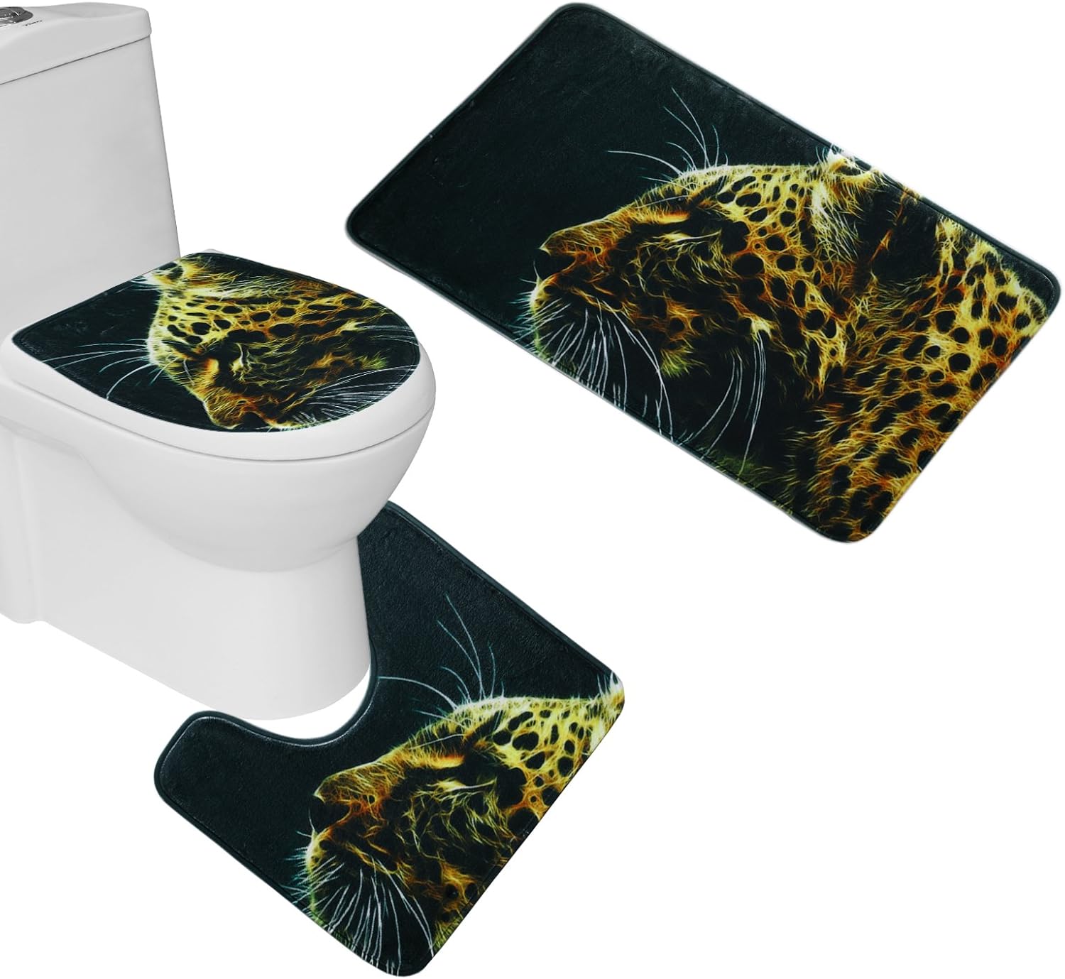 3 Piece Leopard Black Background Pattern Bathroom Mat Set (Bathroom Carpet + Pedestal Rug + Toilet Seat Cover)
