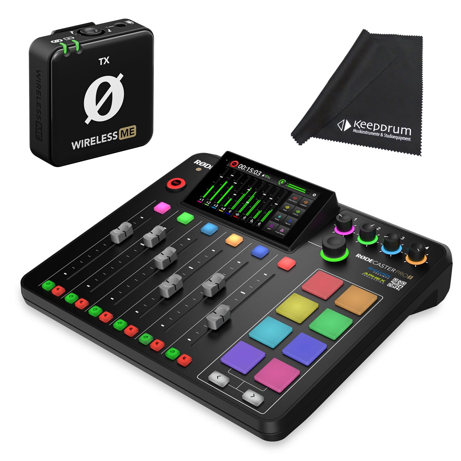Rode Rodecaster Pro II Podcast Station + microfono wireless ME-TX + panno in microfibra keepdrum