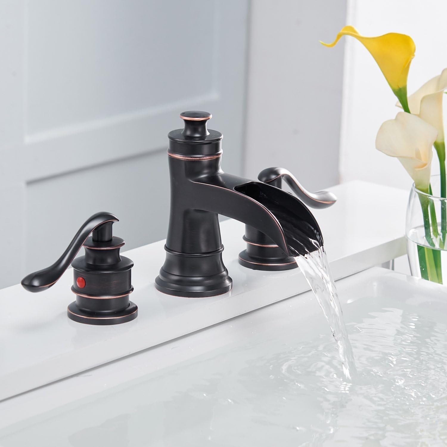 Widespread Bathroom Faucet for Sink, 3 Hole, Waterfall, Oil Rubbed Bronze, Farmhouse, 8 Inch Two Handle with Pop Up Drain Assembly