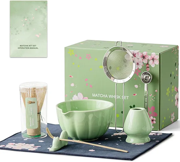 8 Pcs Matcha Whisk Set, HTRCXB Matcha Set with Ceramic Bowl, Bamboo Whisk & Holder, Scoop, Sifter, Measuring Spoon, Scoop Rest & Tea Towel, Complete Set for Beginners & Tea Lovers