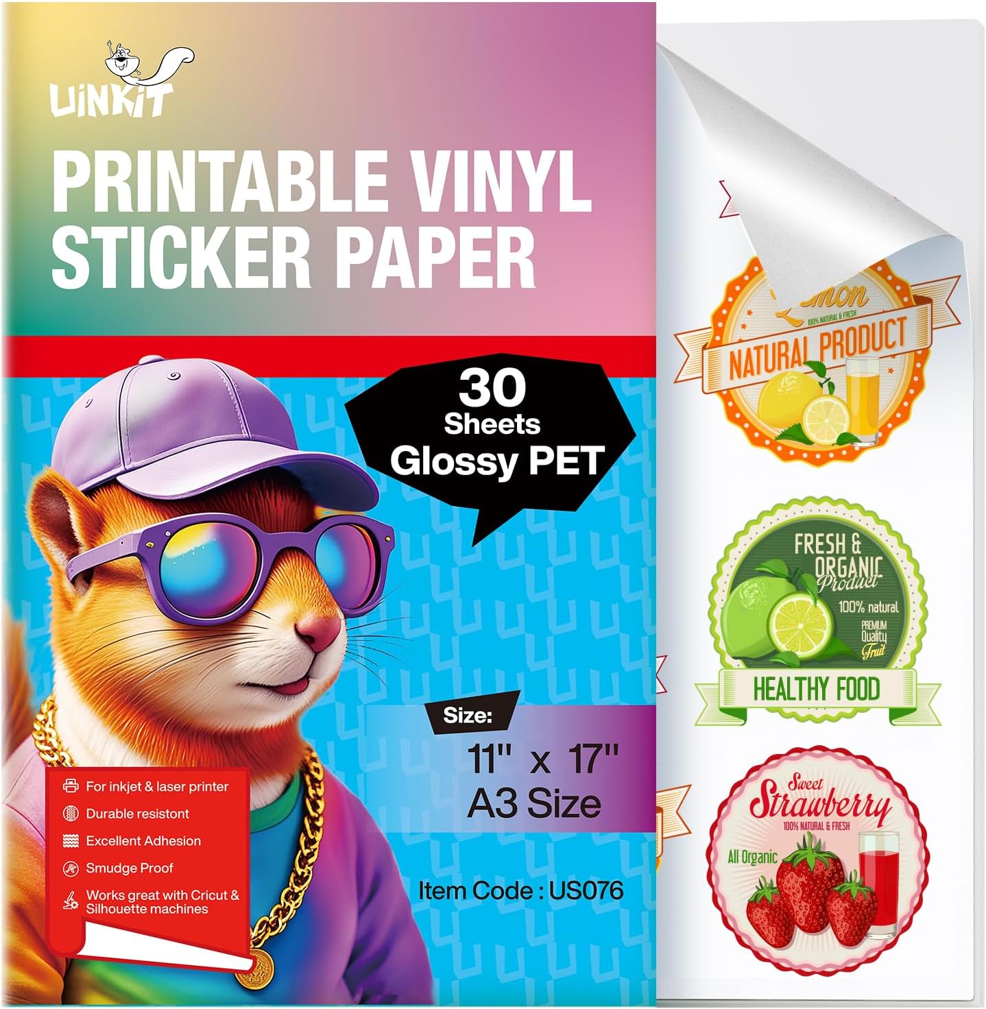 Uinkit Glossy PET Vinyl Sticker Paper for Menu Labels & Product Branding, Waterproof Tear-Resistant Printable Vinyl for Inkjet/Laser Printers, 11x17" Menu Size, 30 Sheets
