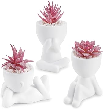 Der Rose 3 Pack Pink Fake Succulents in Human-Shaped Pots for Desk Decor | Playful sculptural planters, varied poses, maintenance-free pink decor for office desk bathroom shelf bedroom decor