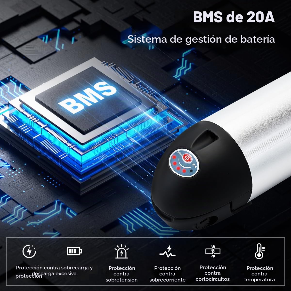 Batería Ebike Botellas 36V 10AH - Plata Batería Bicicleta Eléctrica de Litio Bateríe Extraíble con Cargador, Luz Indicadora & Base de Montaje