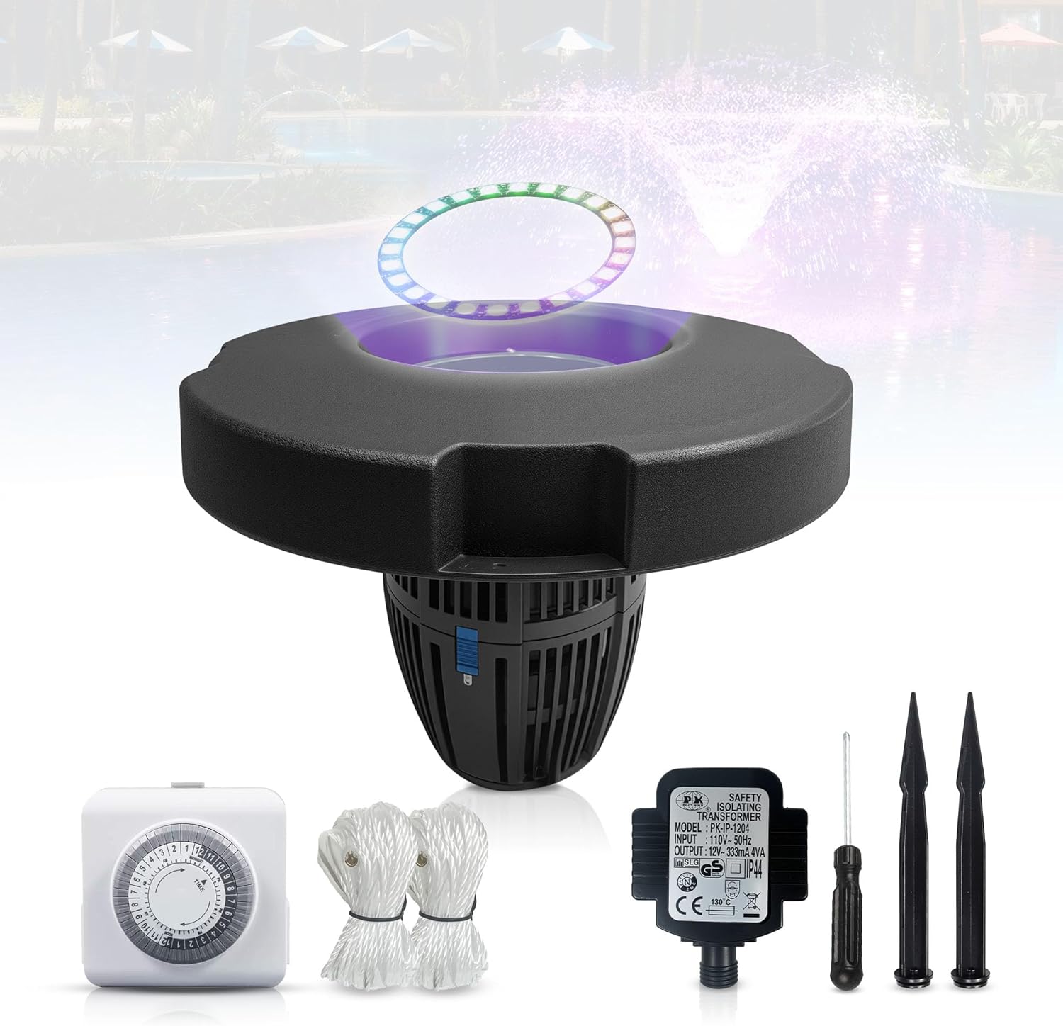 RGB Pond Fountain Aerator, 20000 GPH Floating Aerating Pump, 50ft Power Cord, Time Control, Perfect for Ponds & Lakes