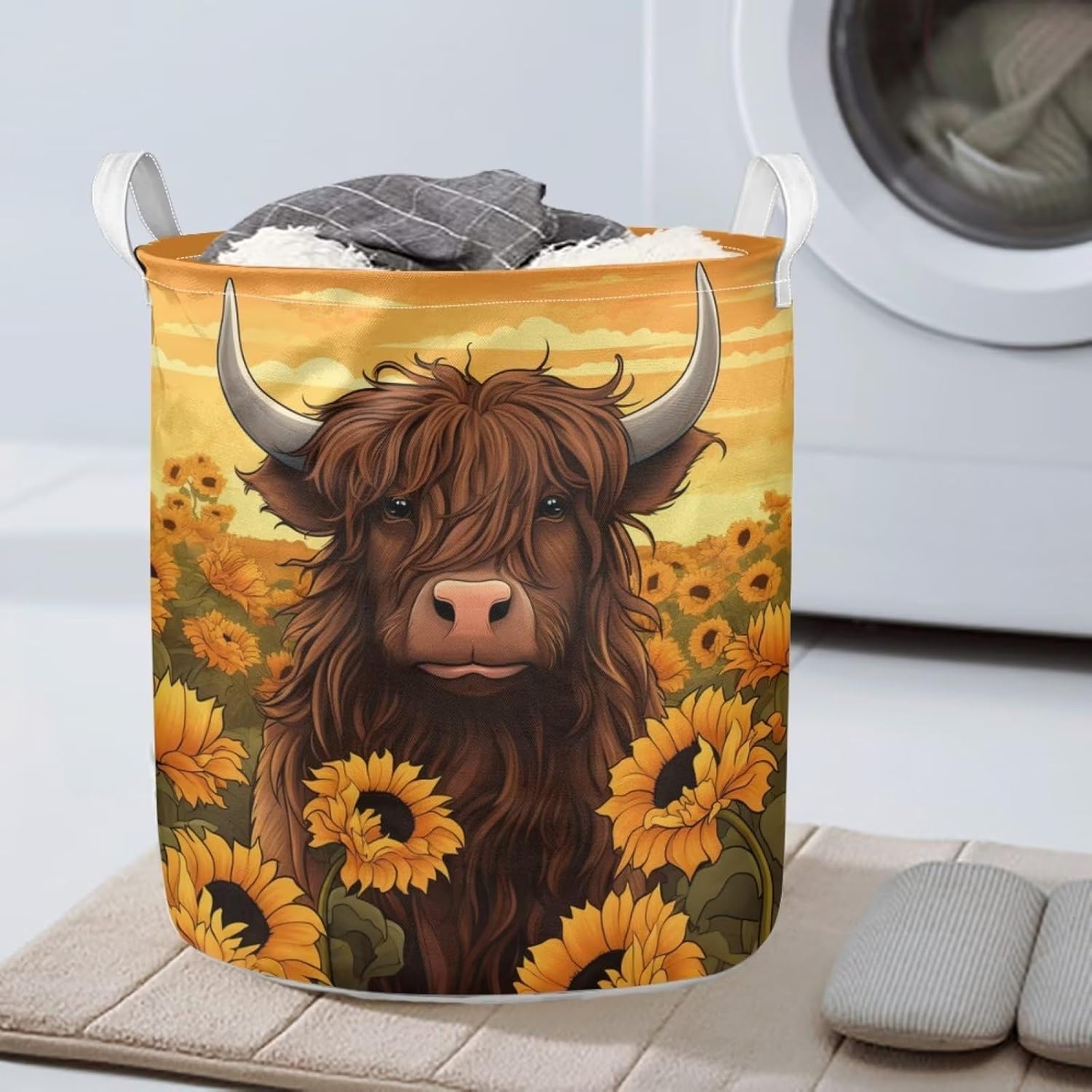Xhuibop Sunflower Highland Cow Laundry Basket Collapsible Storage Basket with Handles Foldable Laundry Hamper Dorm Room Dirty Clothes Storage Basket