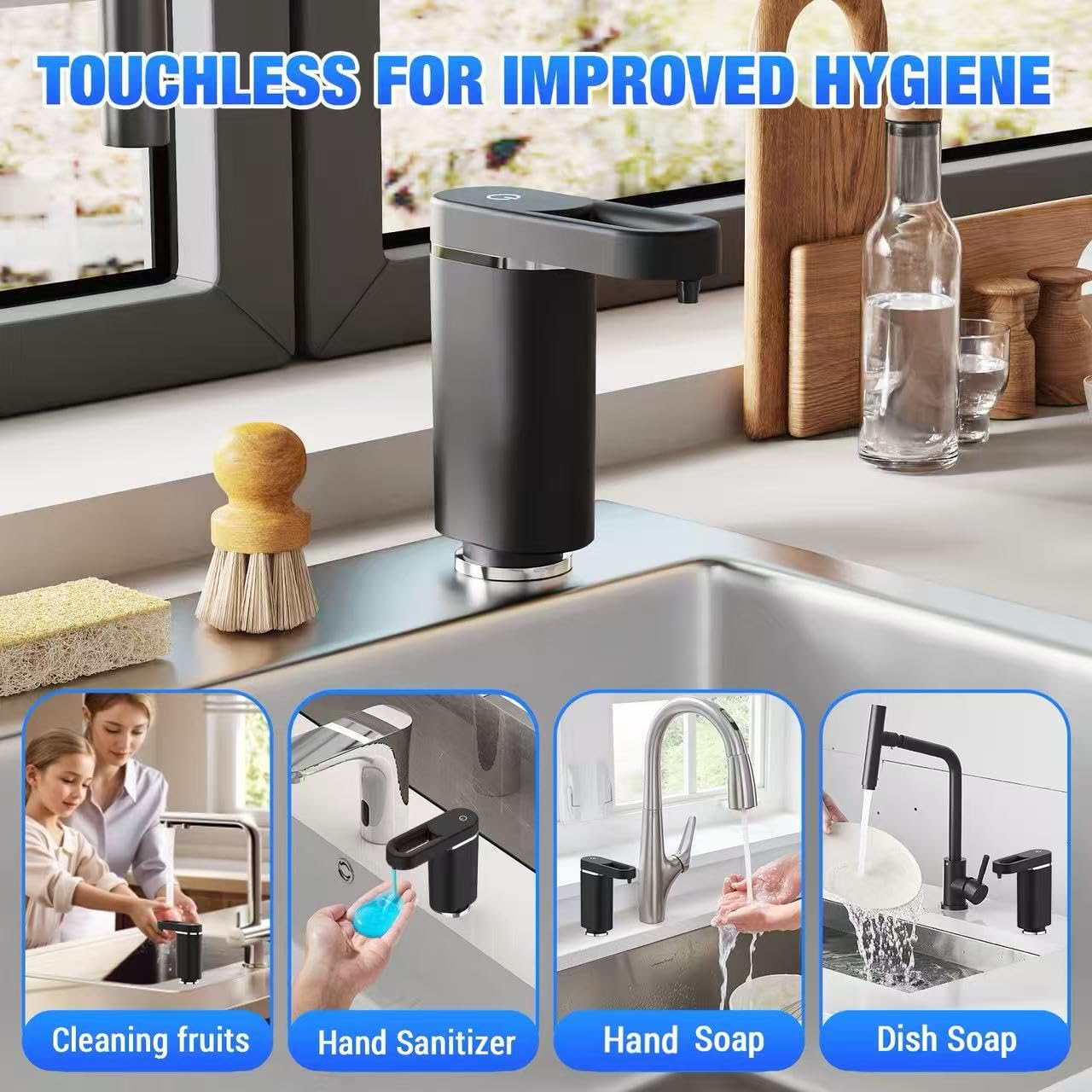Dispensador de jabón para platos para fregadero de cocina, dispensador integrado sin tacto, sistema de dispensación de líquidos con kit de tubo de extensión sin derrames de 35 pulgadas, diseño para