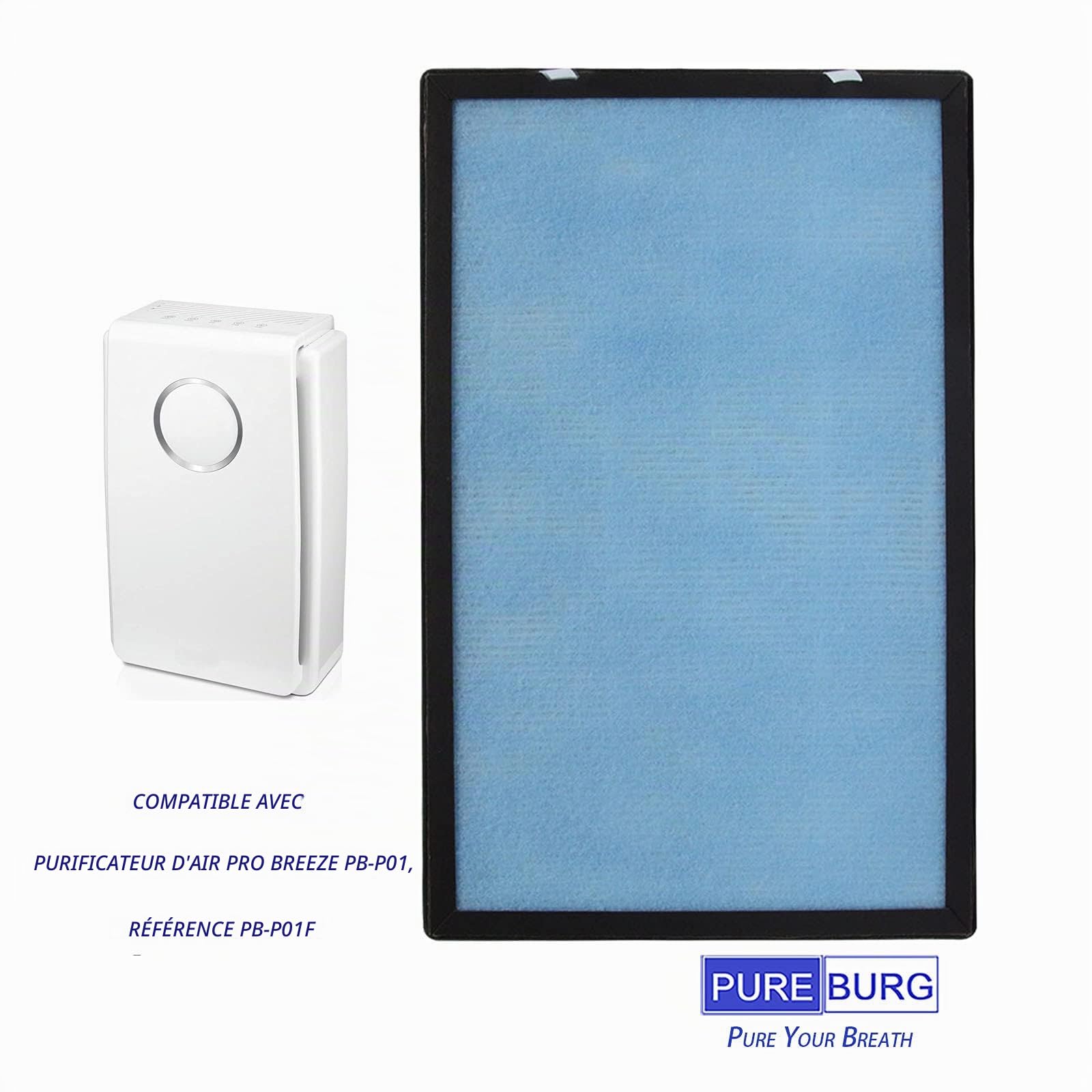 PUREBURG Lot de 2 filtres de rechange compatibles avec Pro Breeze PB-P01 PB-P01F, H13 True HEPA avec filtre à charbon actif en 4 étapes pour un air plus propre