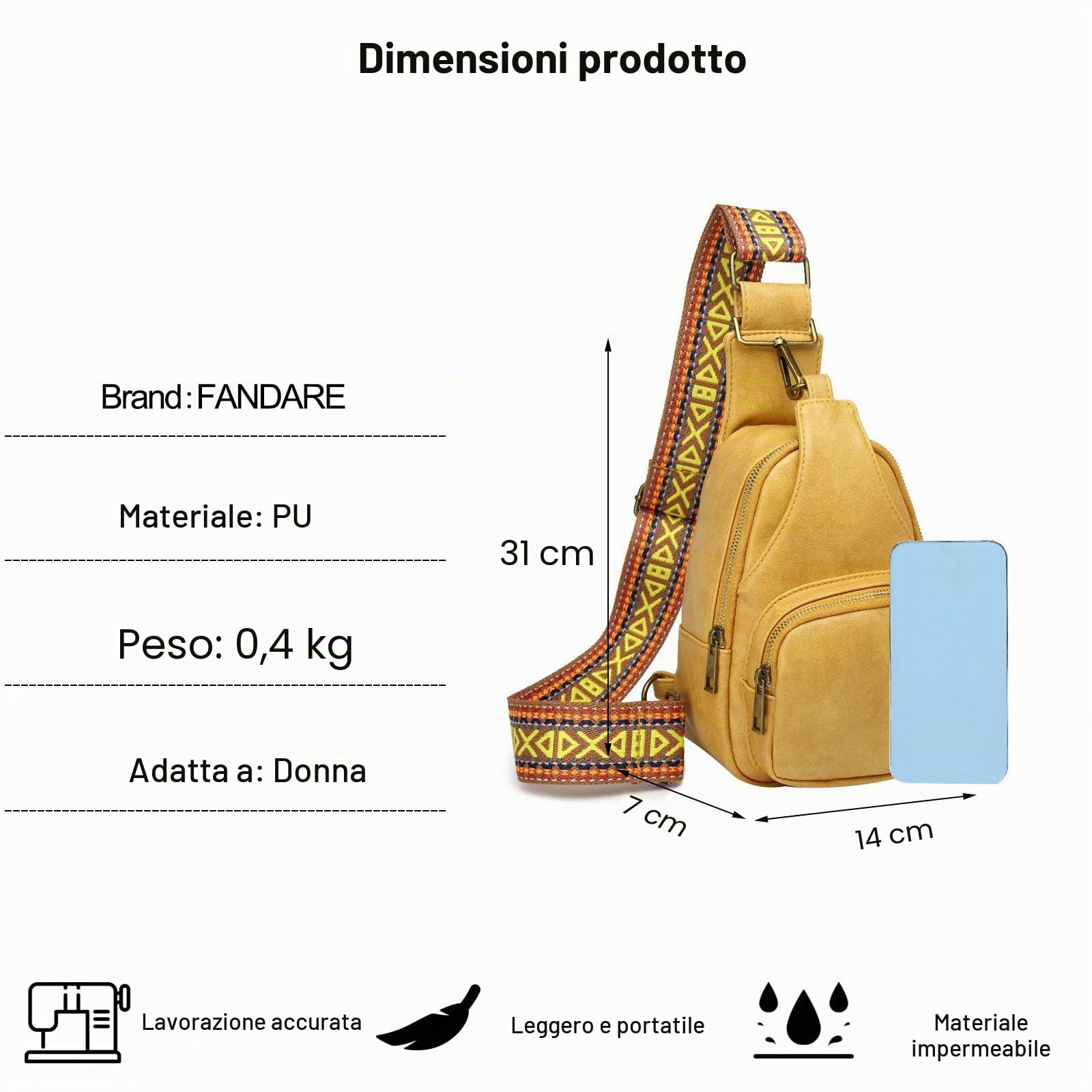 FANDARE Donna Zaino Monospalla Borsa a Tracolla da Palestra Con Tracolla Larga Regolabile - Elegante Borsa a Spalla in Pelle PU - Pochette Telefono Borsello Crossbody per Viaggio - Giallo