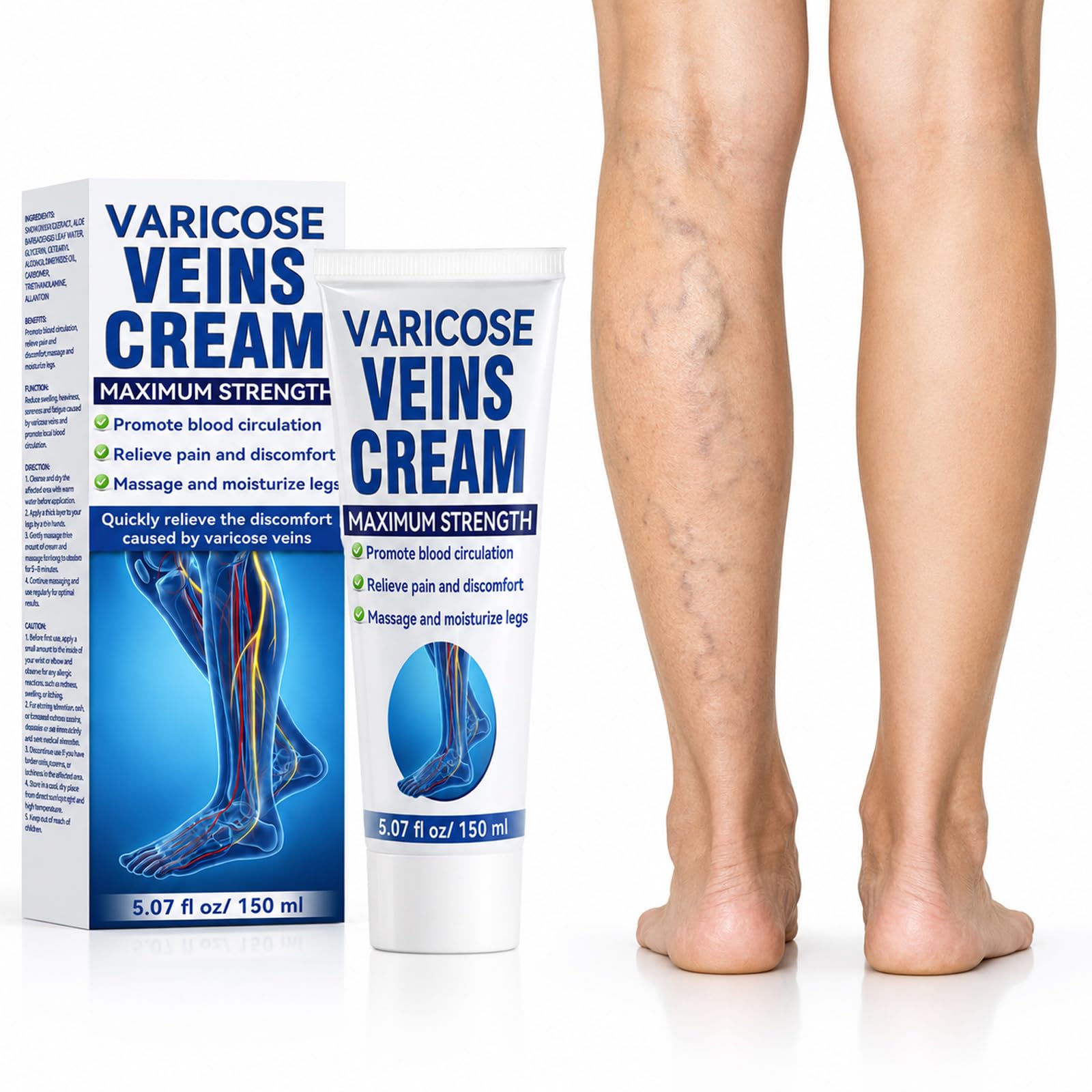 Varicose Veins Cream for Legs, Moisturizing Leg Cream for Spider Veins, Cooling and Fast-Absorbing Formula for Tired, Heavy-Looking Legs, Daily Leg Care for Men and Women, 5.07 fl oz (150 ml)