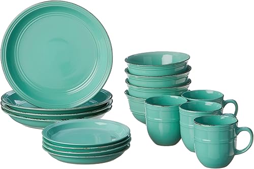 Miniatura 4 de American Atelier Juego de vajilla redonda  Platos, cuencos y tazas de cocina azul aguamarina  Colección Madelyn de 16 piezas  Apto para lavavajillas