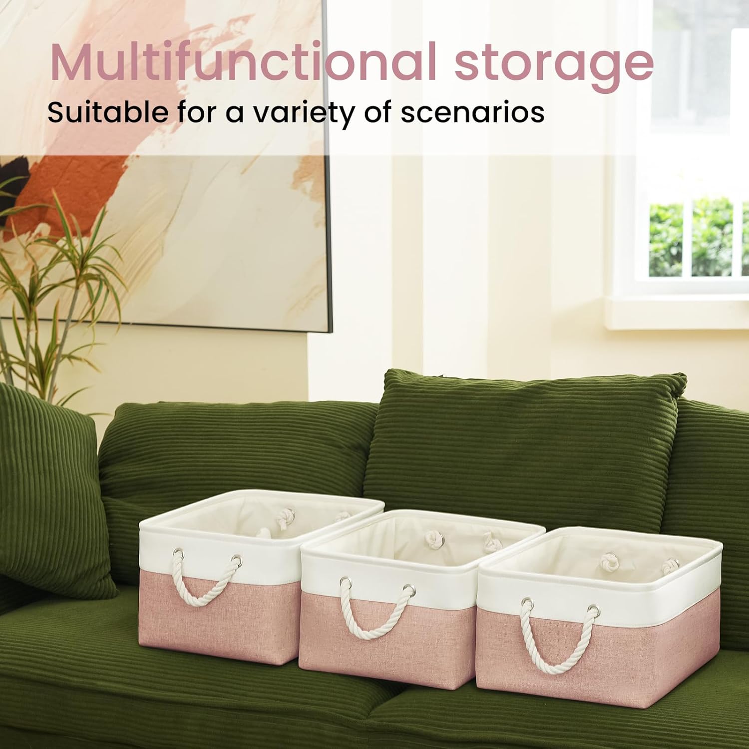 Large Storage Baskets- 15.7x11.8x8.26 inch Storage Bins for Shelves and Closet Organizing, Foldable Fabric Bin for Home Organization Clothes and Laundry (3-Pack, White&Pink) - Image 6