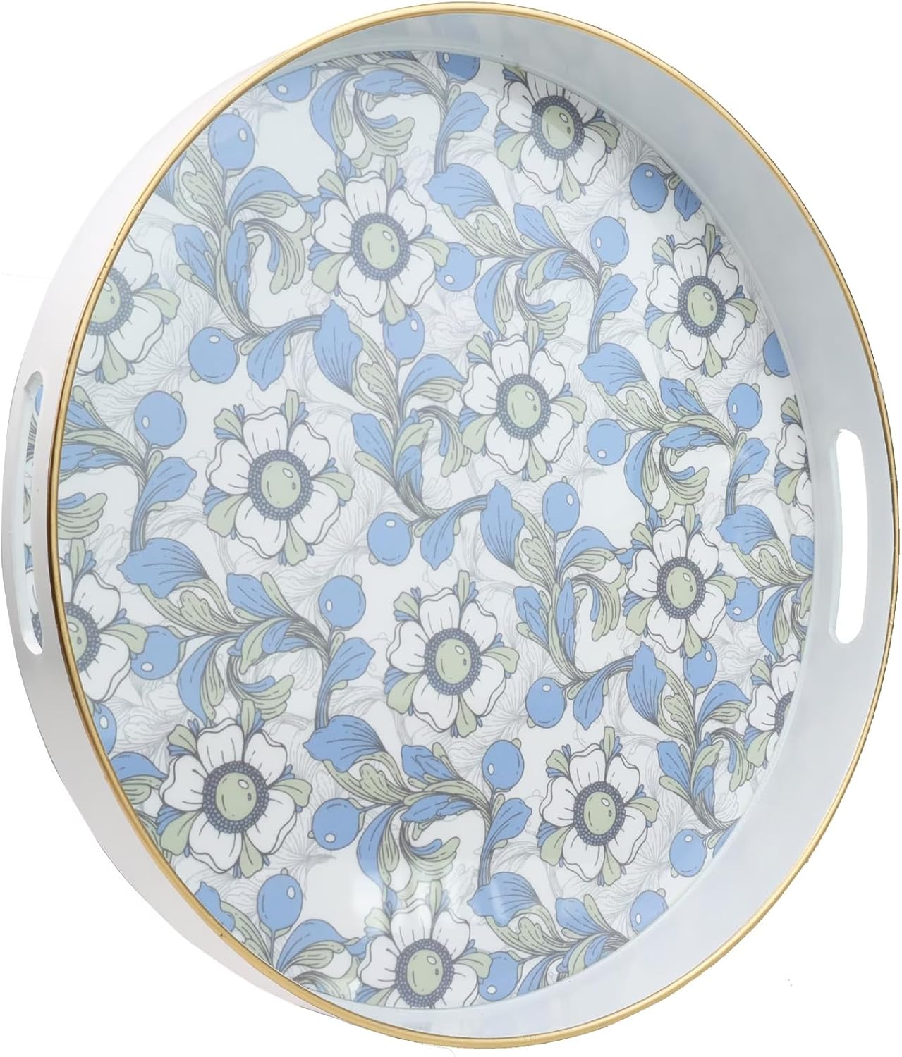 Round Serving Tray with Handles, Coffee Table Tray for Ottoman, Living Room, Outdoor Tray for Patio Entertaining, Serving Breakfast Kitchen Platter LEE33BLH