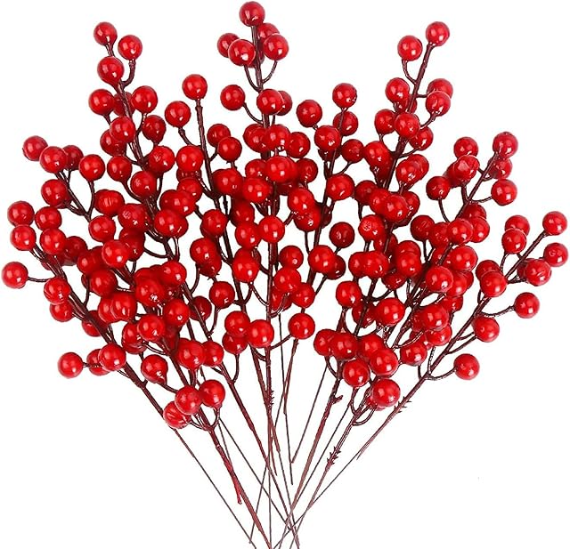 Christmas Red Berries, 20 Pieces Christmas Red Berry Twig Stem Artificial Red Holly Berries Artificial Fruits Red Berry Branches for Xmas Tree Decs, Christmas Wreath Making Decorations Supplies