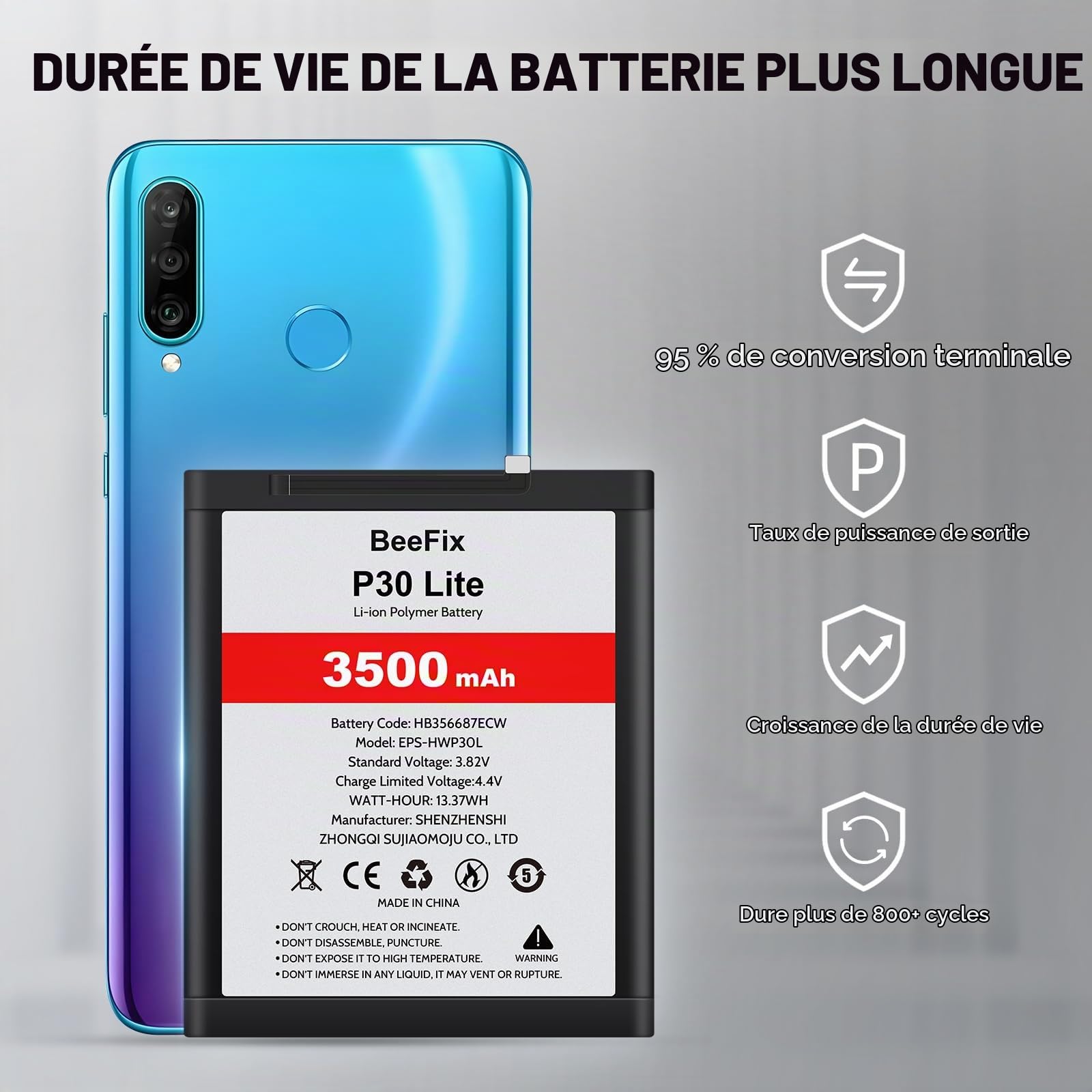 Batterie compatible avec P30 Lite/Mate10 Lite (HB356687ECW), batterie de rechange haute capacité Li-ion polymère 3500 mAh avec kit de réparation
