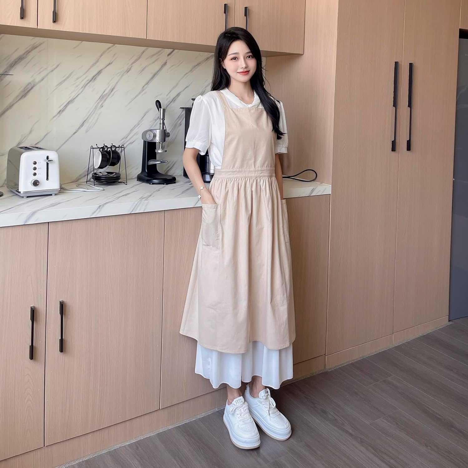Pinafore Apron Dress,Japanese Cotton Linen Cross Back Apron for Women with Pockets,Pinafore Dress with Waist Ties (Wheat) - Image 3