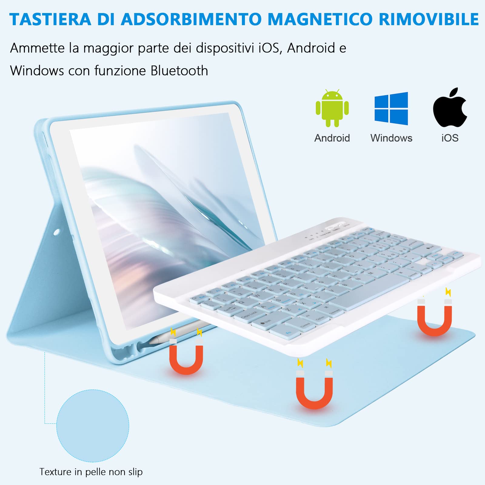 Custodia Tastiera per iPad 10.2 9a Gen 2021/8a Gen 2020/7a Generazione 2019/iPad Air 3,Tastiera Italiana per iPad 10.5 2017 con Tastiera Bluetooth Wireless Rimovibile,Cover per iPad