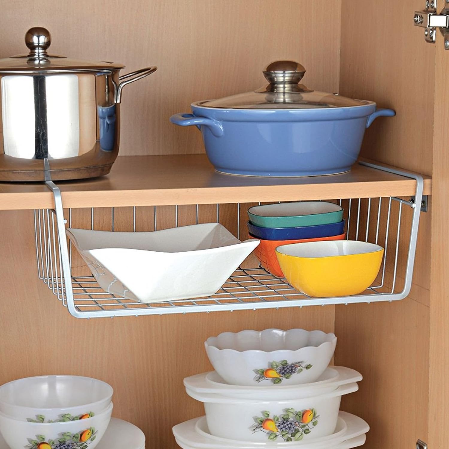 Amazon Brand - Solimo Under Shelf Storage Basket 16 Inch | Hanging Cabinet Organizer | Metal Wire Rack for Kitchen Pantry Wardrobe Closet Cupboard Bathroom | Space Saving No Drill Shelf Basket Silver-image-33