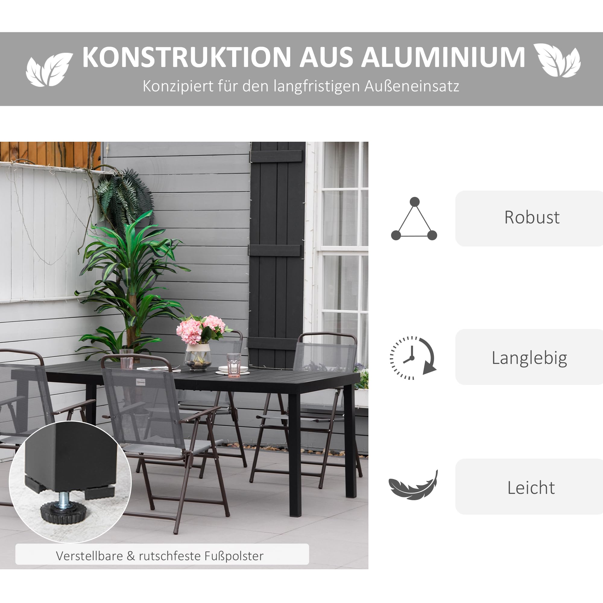 Outsunny Gartentisch Aluminium 190x90 cm Wetterfest Buffettisch mit Holz-Optik, rutschfest Campingtisch für 8 Personen Balkontisch Terrassentisch Outdoor Esstisch für Garten, Terrasse Balkon Schwarz