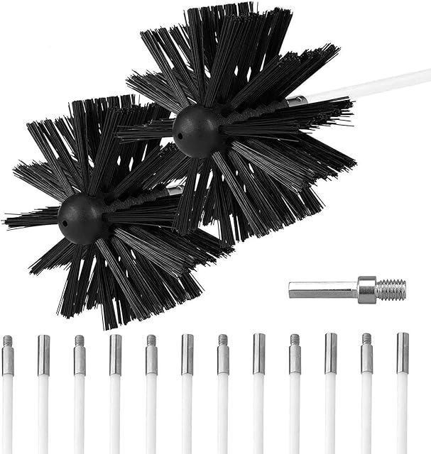 15 Pcs Chimney Cleaning Brush, Chimney Brush Fireplace Cleaning Tools Kit with 12 Flexible Nylon Rods, 2 Synthetic Brush Heads, 1 Drill Connector for Duct Vent Cleaning Fireplace Flue