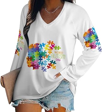 Autism Awareness Day Womens Long Sleeve Shirts V Neck T-Shirt Casual Loose Tops for Women