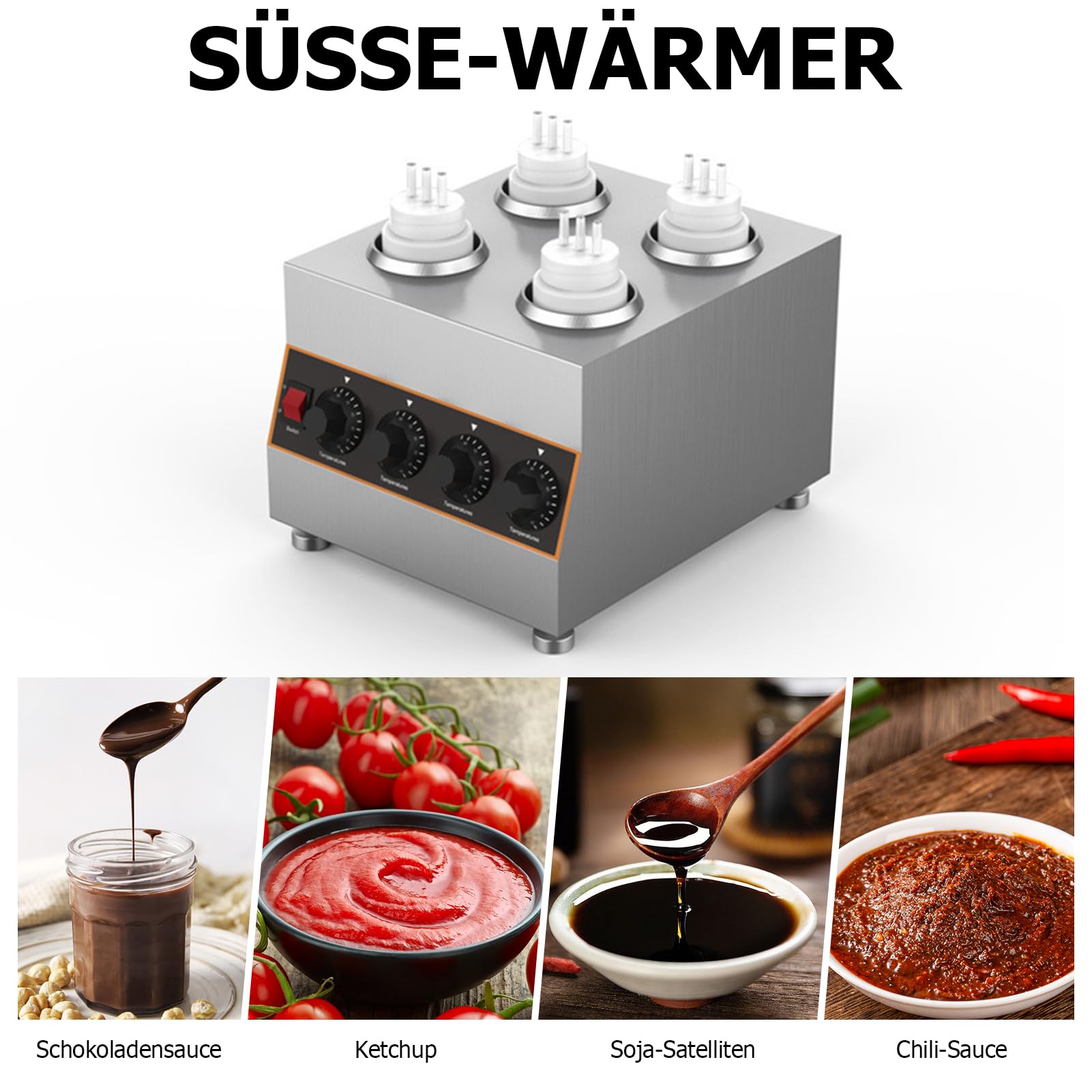 Chauffe-sauce électrique commercial avec 4 bouteilles à presser, distributeur de sauce électrique commercial, à température contrôlée, pour réchauffer le chocolat, le beurre et la confiture (30 à 85 °