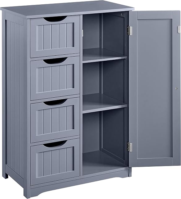 costoffs Bathroom Floor Cabinet, Wooden Storage Cupboard Unit with 4 Drawers, Adjustable Shelves, for Living Room, Kitchen, Hallway, Grey