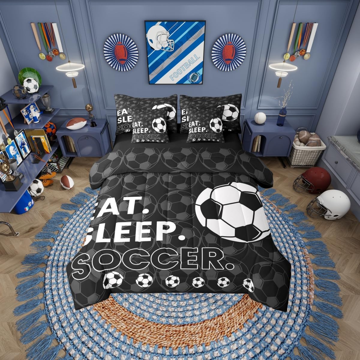 Erosebridal Black Football Games Boys Comforter Set Queen Size 7 Pieces | Soccer Gaming Theme Bed in A Bag Sports Pattern Bed Set Kids Teens Bedding