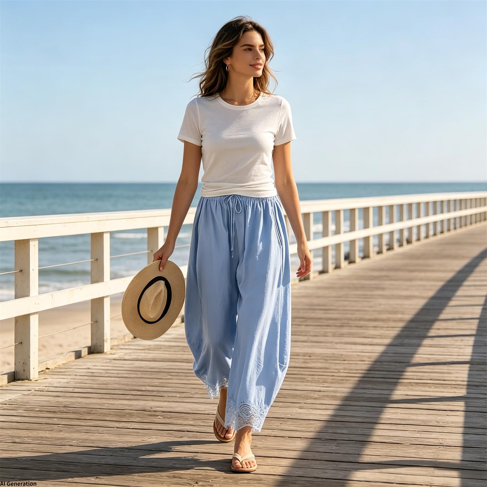 Pantaloni Casual da Donna con Fondo in Pizzo e Taglio Cropped | Pantaloni estivi stile boho a gamba larga, vita alta con coulisse e tasche; pantaloni casual leggeri ideali per vacanze al ma