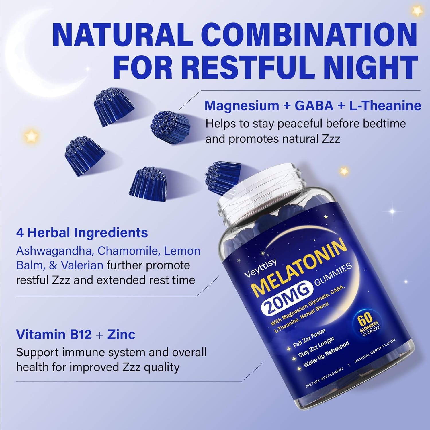 Melatonin 20mg Gummies for Adults - Max Strength Melatonin Gummy Supplement with Magnesium Glycinate, B6, B12, L-Theanine, GABA, & Herbs - Non-Habit Forming, Vegan, Natural Mixed Berry Flavor - Image 4