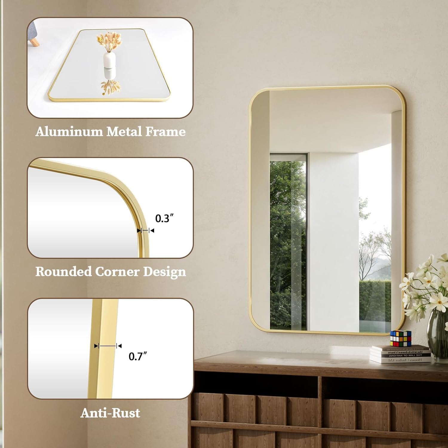 Espejos Decorativos de Pared 90 x 60 cm, Espejos de Pared Rectangular para Baño con Esquinas Redondeadas, Marco de Aleación de Aluminio, Espejo Pared para Dormitorio, Salón y Pasillo