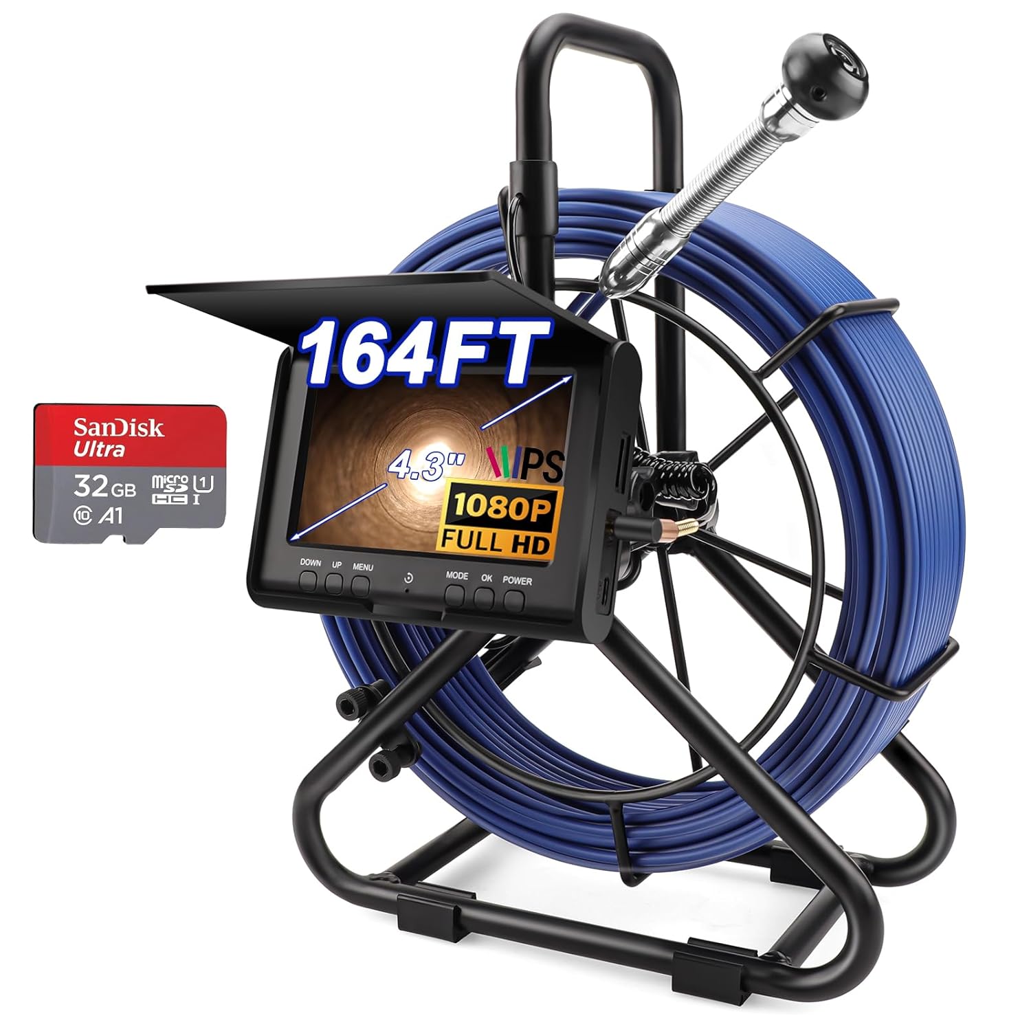 Sewer Camera w/DVR Function, 4.3" HD 1080P Screen Pipeline Inspection Camera, IP68 Waterproof Pipe Plumbing Snake Cam with 32GB Card, for Sewer Line, Home, Duct Drain Pipe Plumbing (50M/165FT)