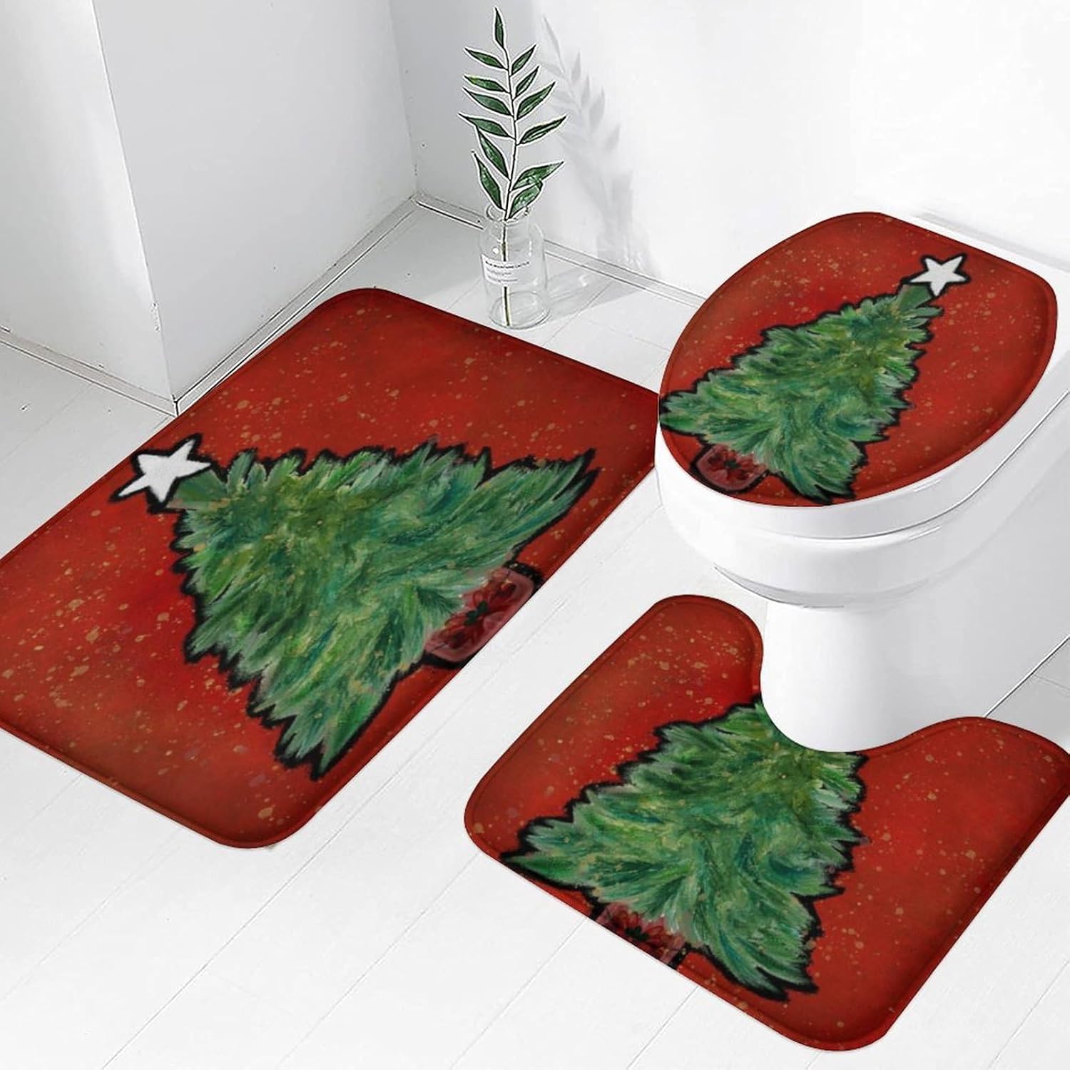 3 Piece Christmas Tree Bath Rug Sets Red and Green Xmas Trees Merry Bright Star Winter Decor Bath Mat Soft Non Slip Water Absorbent U-Shaped Contour Toilet Mat, Toilet Lid Cover