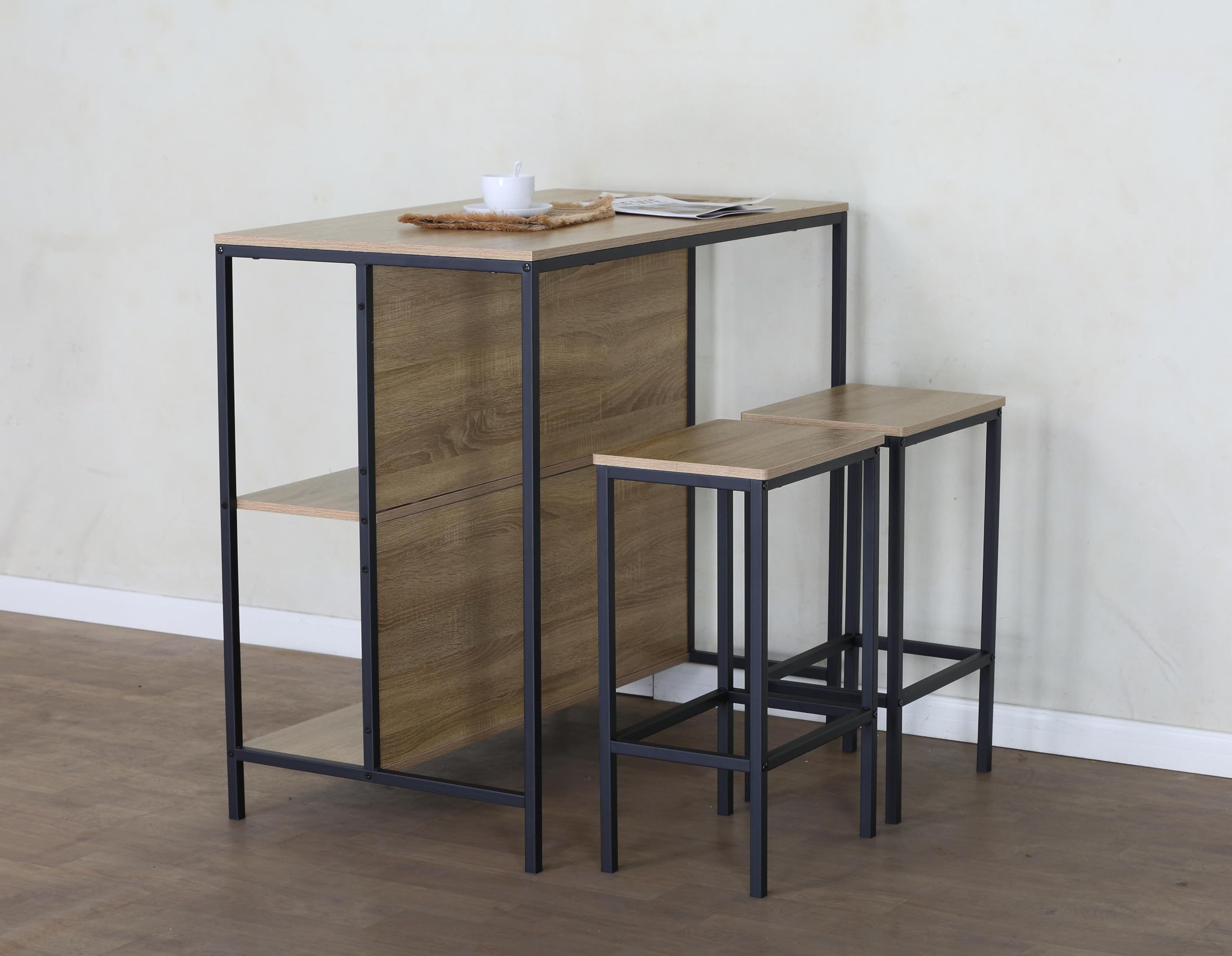 Buyqualia - Set de Mesa Alta con 2 Taburetes y Estantería Lateral 95x100x60 cm – Conjunto de Barra de Cocina, Comedor o Salón, Mesa Alta con Almacenaje