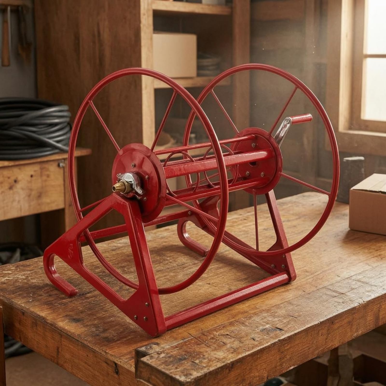 Avvolgitubo Agricolo Carrello Avvolgitubo Bobina Supporto Manuale con Ruote Circolari Base Triangolare Antiribaltamento Adatto per Attrezzatura Agricola Cortile Orto, Rosso, 300 Metri