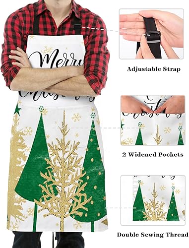 Miniatura 3 de Delantal con peto para árbol de Navidad verde y amarillo con bolsillos, impermeable, delantal ajustable para hombres y mujeres, copo de nieve de