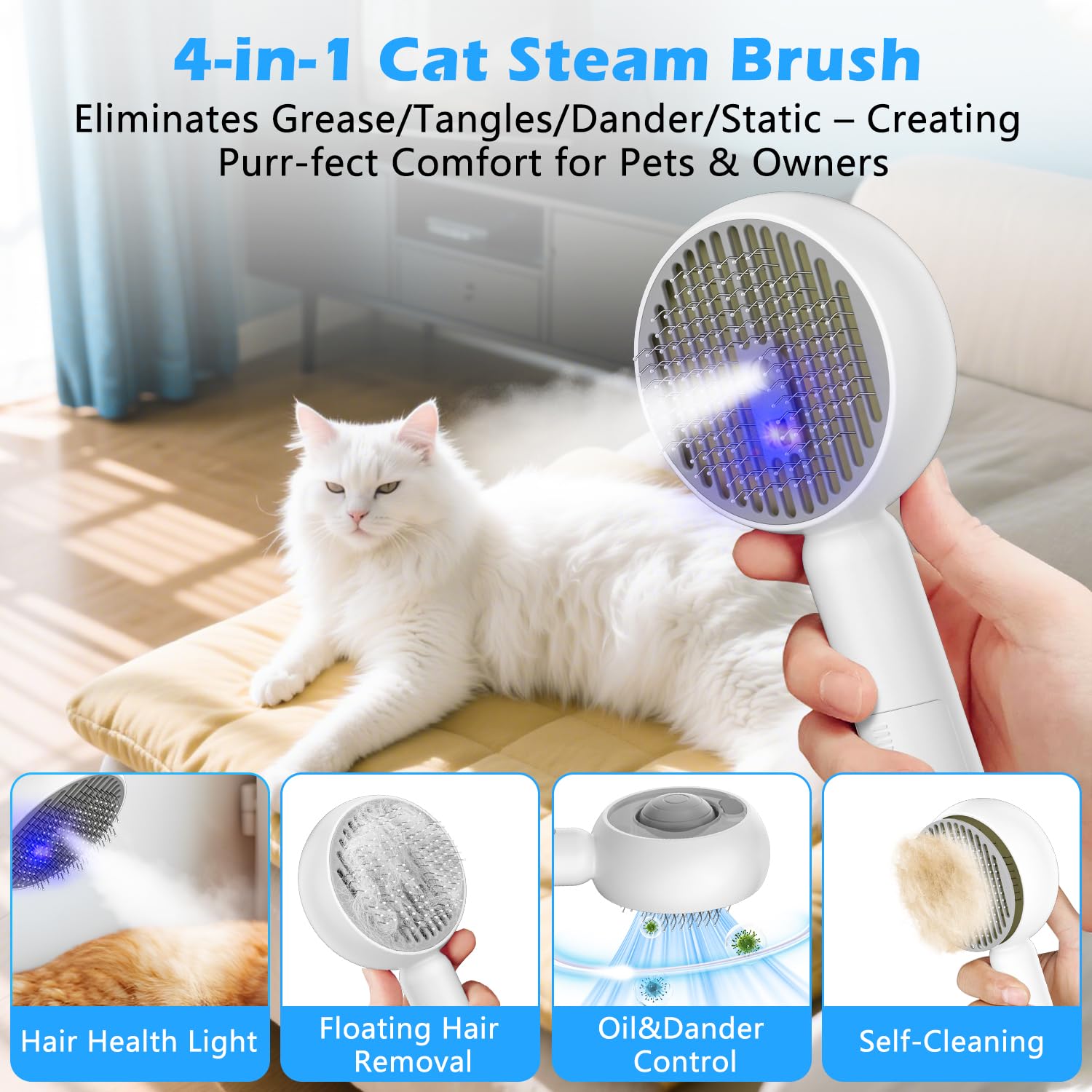 ALAFLY 4 in 1 Cat Steam Brush for Shedding Pet Grooming Brush with Self-Cleaning & Anti-Static - Image 2