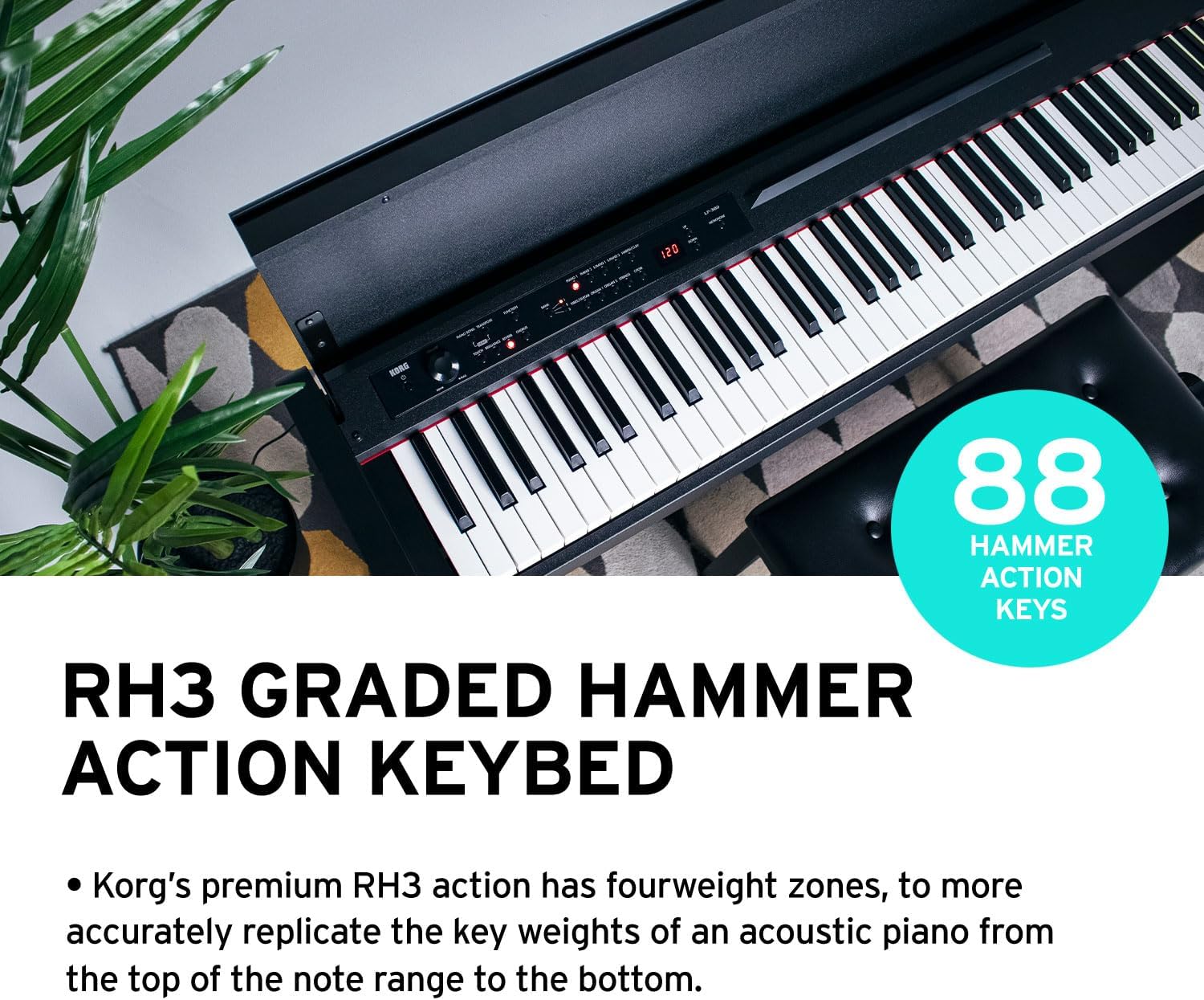 Graphic highlighting RH3 Graded Hammer Action Keybed with 88 keys