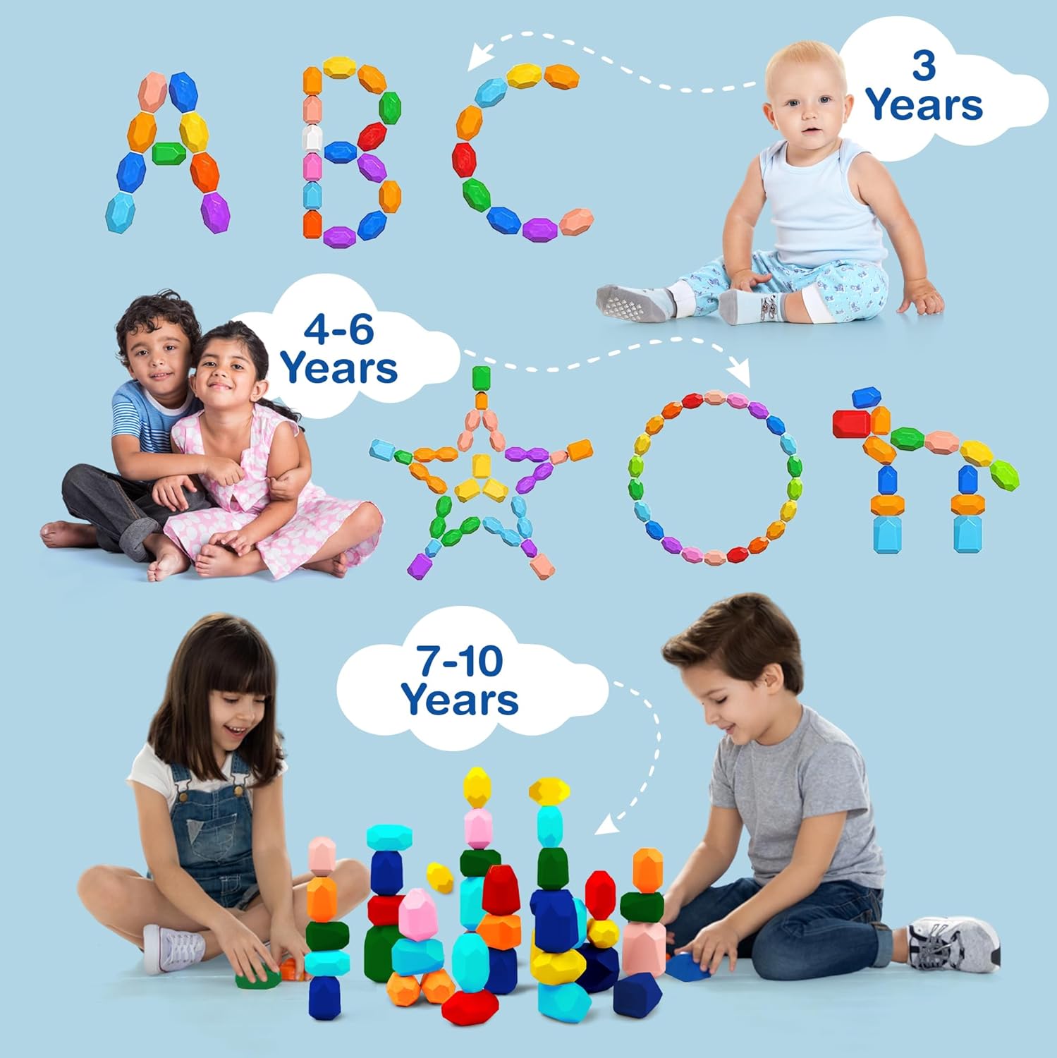 Giggle & Play - 40 Pcs Wooden Stacking Stones Set, Montessori Toys for 3+ Year Old, Stacking Blocks for Fine Motor Skills & Creativity, Multicolor Playset for Toddlers & Kids, Free Storage Bag