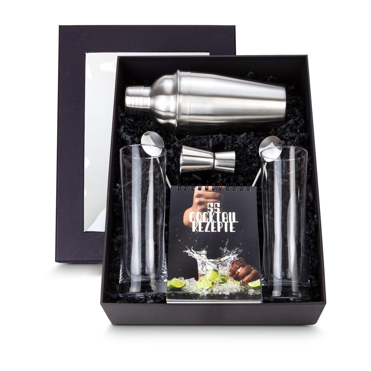 Geschenkset Cocktailbox: 8-teilig, Cocktailshaker, Rezeptbuch mit 55 Rezepten, 2 Longdrinkgläser + 2 Löffel, 1 Barmaß in schwarzem Geschenkkarton