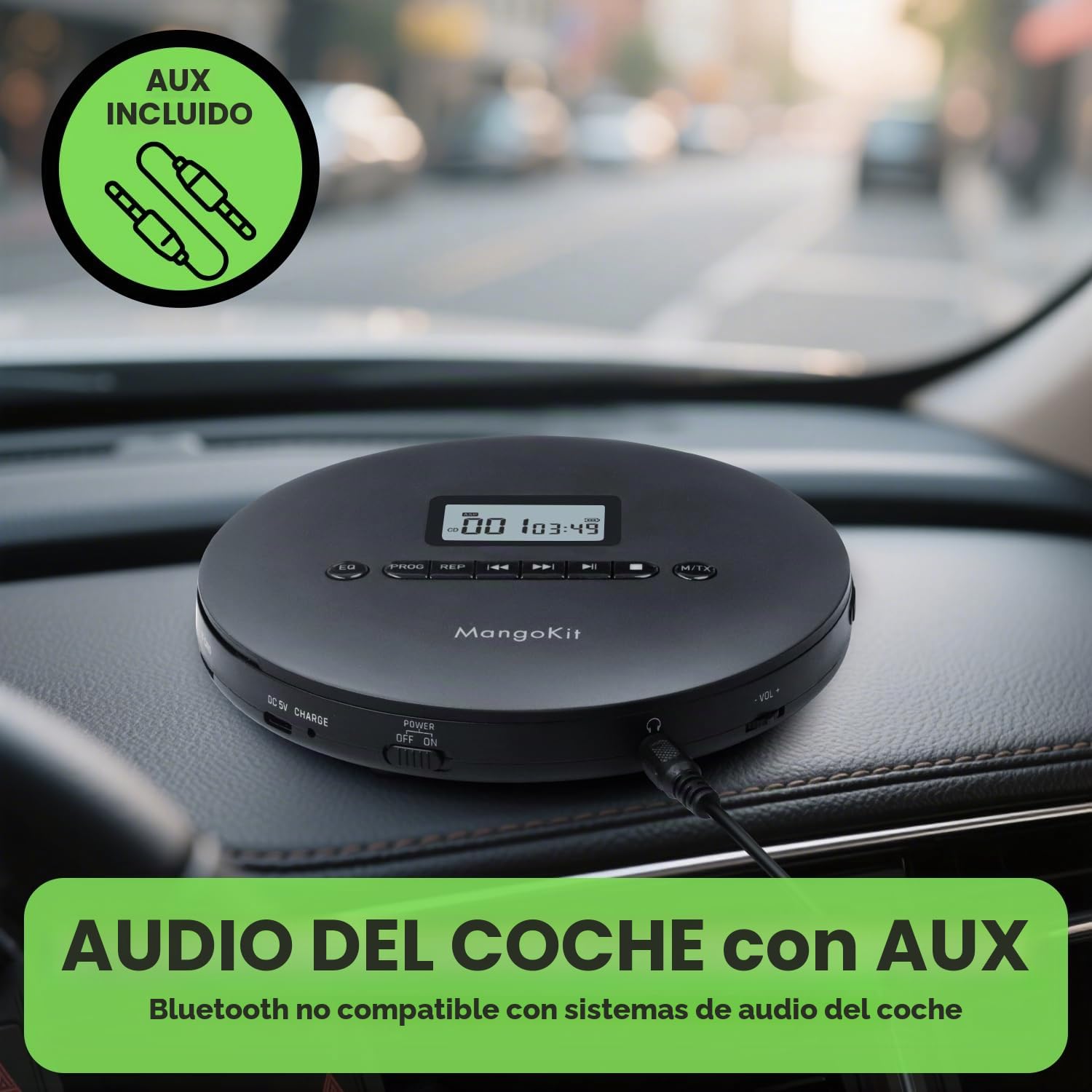 CD-X Reproductor CD Portátil, Bluetooth, Recargable, Antisalto | AUX para coche, batería 12h, lee CD/CD-R/CD-RW/MP3/WMA, carga USB, auriculares incluidos, ideal para viajar y audiolibros