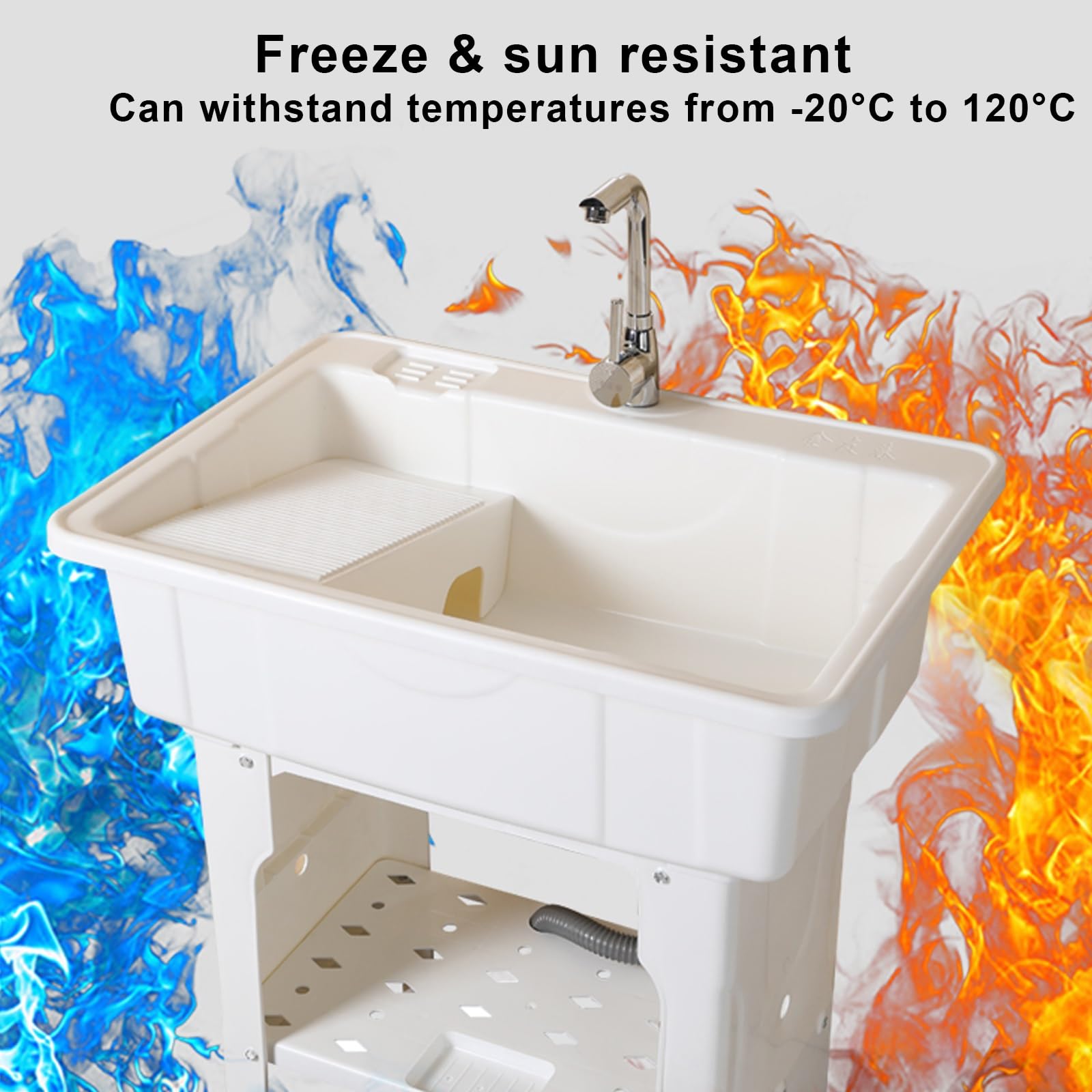 Lavatoio Lavanderia, Lavatoio da Esterno in Resina con Asse per Lavare, Lavandino in Plastica con Rubinetto per Acqua Calda e Fredda, Tubi Flessibili e Kit di Scarico(Gray,65x56x80cm/25.5x22x31.5")