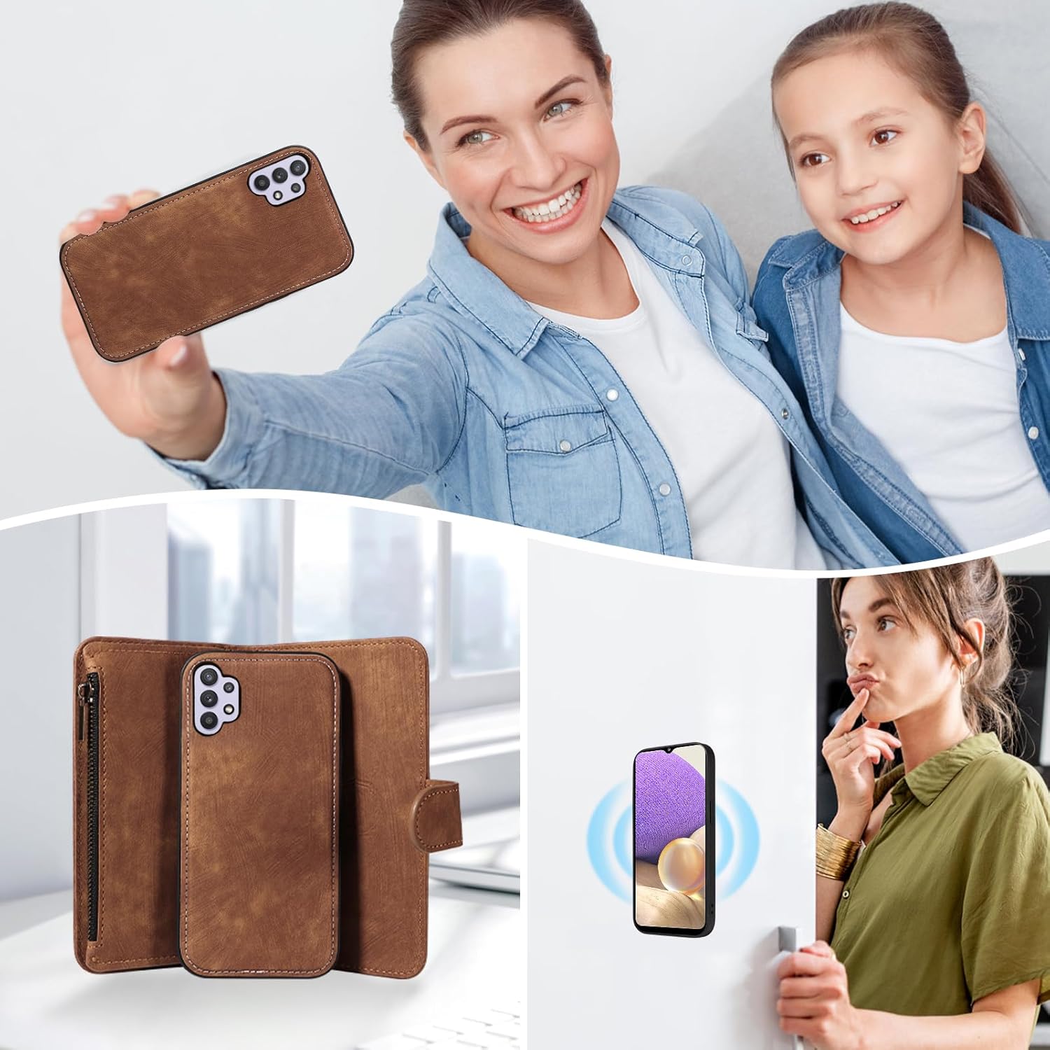 Phone Case for Samsung Galaxy A32 5G 2021 6.5 inch Zipper Wallet Detachable Magnetic Cover with Tempered Glass Screen Protector Crossbody Lanyard Card Holder M32 G5 A 32 32A S32 SM-A326U A326U Brown