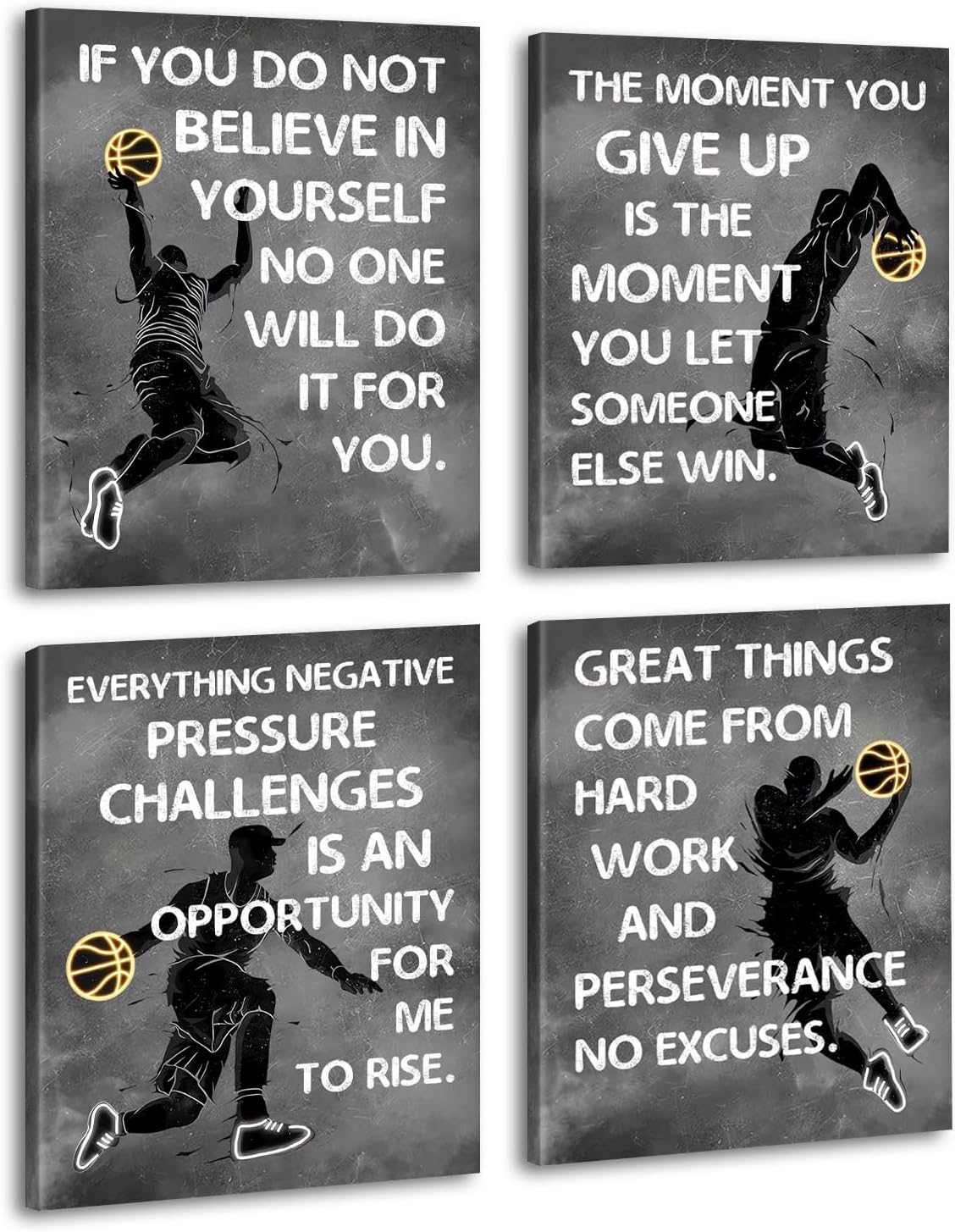 Framed Inspirational Basketball Wall Art Canvas Prints,Funny Basketball Wall Art Decor,Sports Quote Wall Art,Modern Man Cave Boys Bedroom Office Living Room Decor Set of 4(8“x10”)