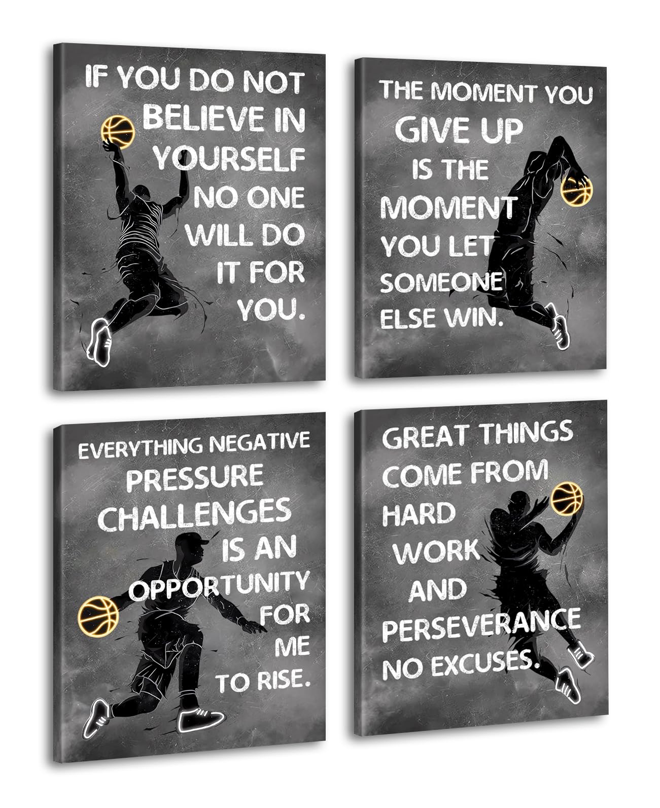 Stampe artistiche da parete motivazionali con frasi motivazionali e motivazionali sul basket, decorazione da parete astratta da parete, su tela, per camera da letto, palestra, uomini, set regalo da 4