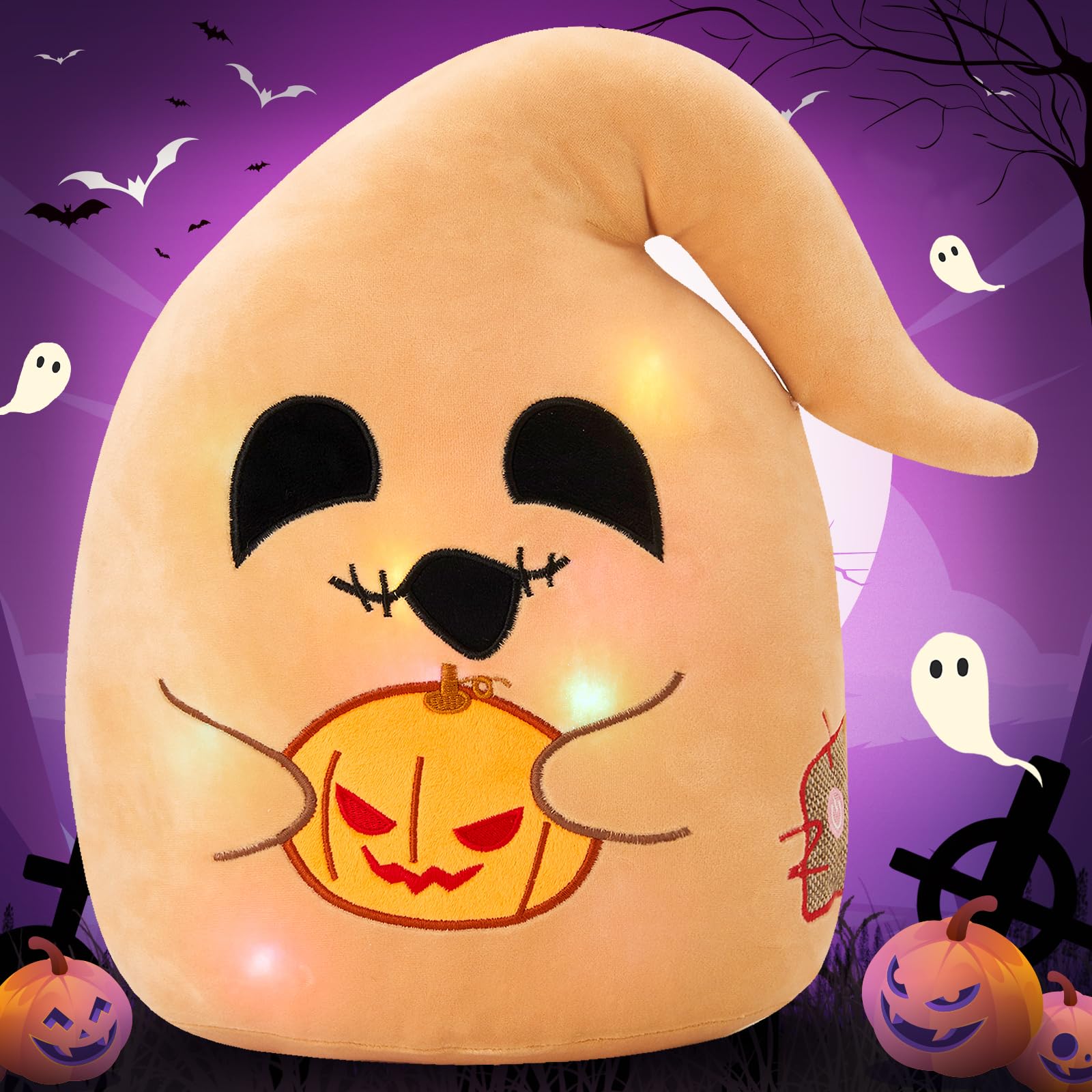 BSTAOFYLighted Halloween Ghost Plush Pillow with Light up Pumpkin Lantern LED Halloween Squishable Pillows Home Party Decorations Nightmare Before for Toddler Kids, 15''