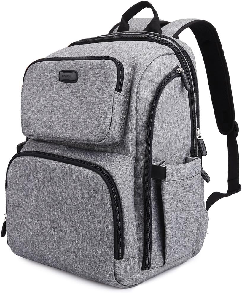 GYSSIEN Multifunctional Baby Nappy Backpack Diaper Changing Bag for Baby Care Waterproof Large Capacity Mummy Travel Backpack with Wipeable Changing Pad (Grey)